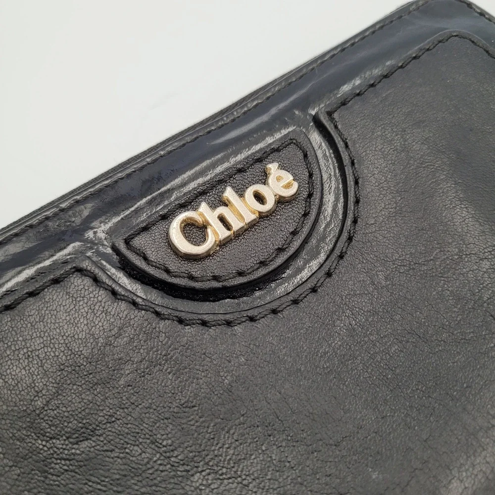 Chloe Black Leather Patent Trim Zip Around Continental Wallet Made in Spain